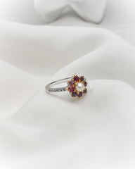 925 Sterling Silver Ruby & Pearl Floral Ring