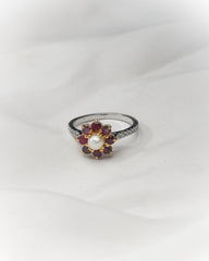 925 Sterling Silver Ruby & Pearl Floral Ring