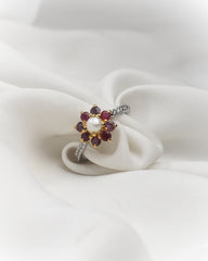 925 Sterling Silver Ruby & Pearl Floral Ring