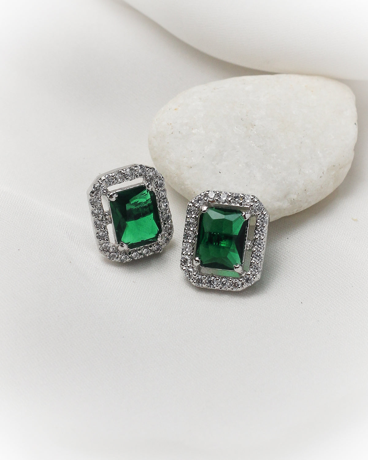 Malkeenz 925 Silver Emerald-Cut Green Stone Tops